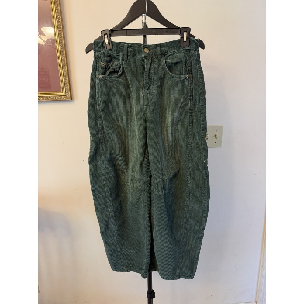 We The Free Good Luck Mid Rise Corduroy Green Jeans Barrel Wide Leg Sz 25